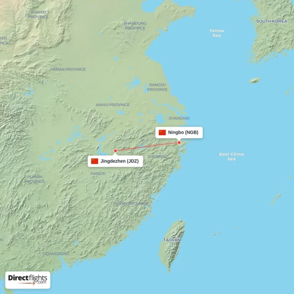 Ningbo - Jingdezhen direct flight map