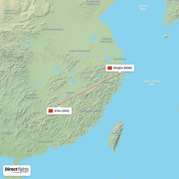 Ningbo - Ji'An direct flight map