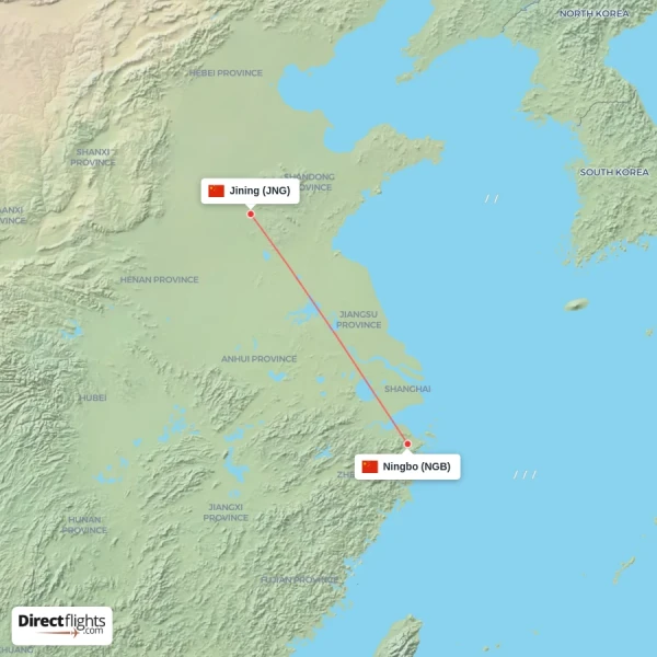 Ningbo - Jining direct flight map