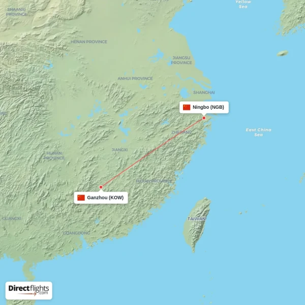 Ningbo - Ganzhou direct flight map