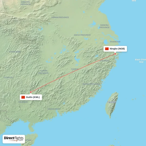 Ningbo - Guilin direct flight map