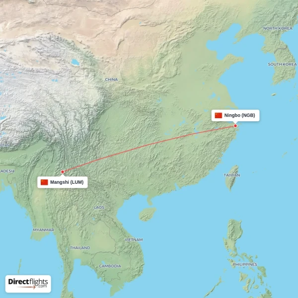 Ningbo - Mangshi direct flight map