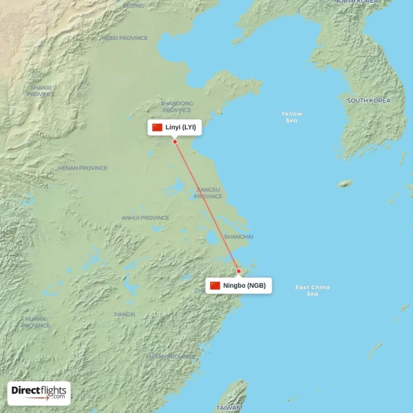 Ningbo - Linyi direct flight map