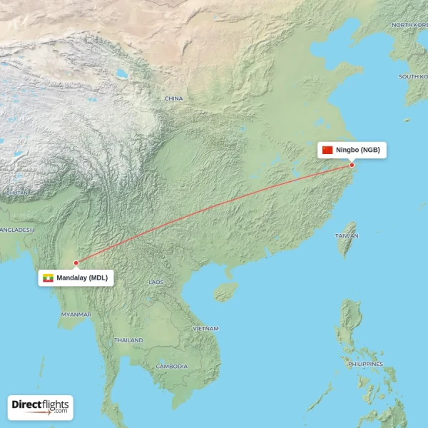 Ningbo - Mandalay direct flight map