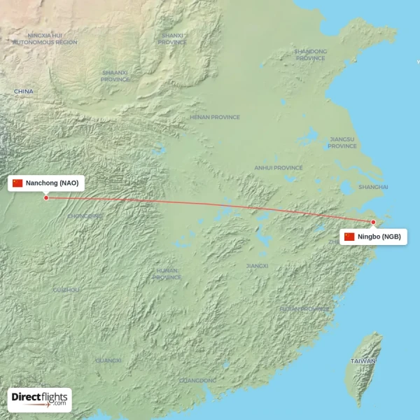Ningbo - Nanchong direct flight map
