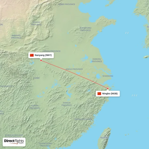 Ningbo - Nanyang direct flight map
