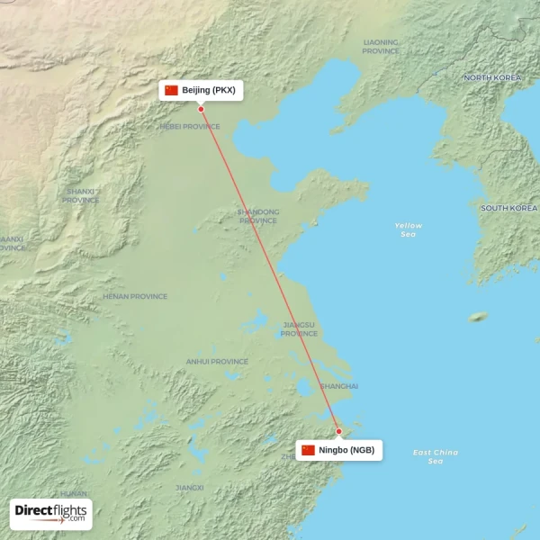 Ningbo - Beijing direct flight map
