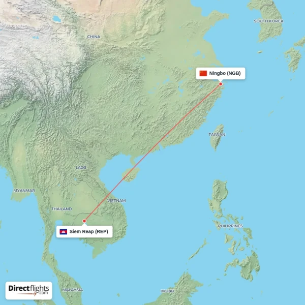 Ningbo - Siem Reap direct flight map