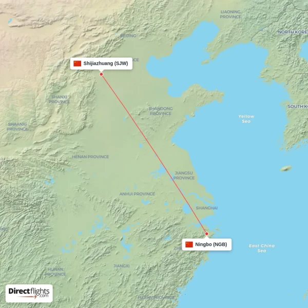 Ningbo - Shijiazhuang direct flight map