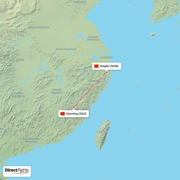 Ningbo - Sanming direct flight map