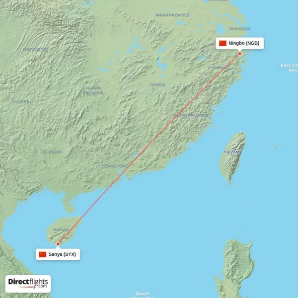 Ningbo - Sanya direct flight map