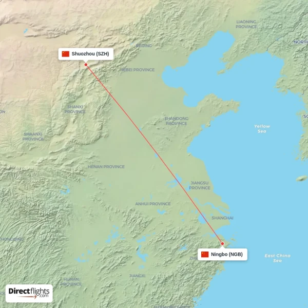 Ningbo - Shuozhou direct flight map