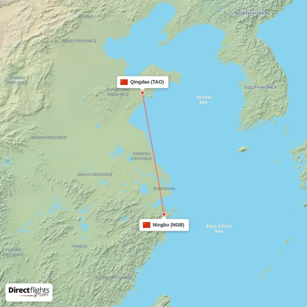 Ningbo - Qingdao direct flight map
