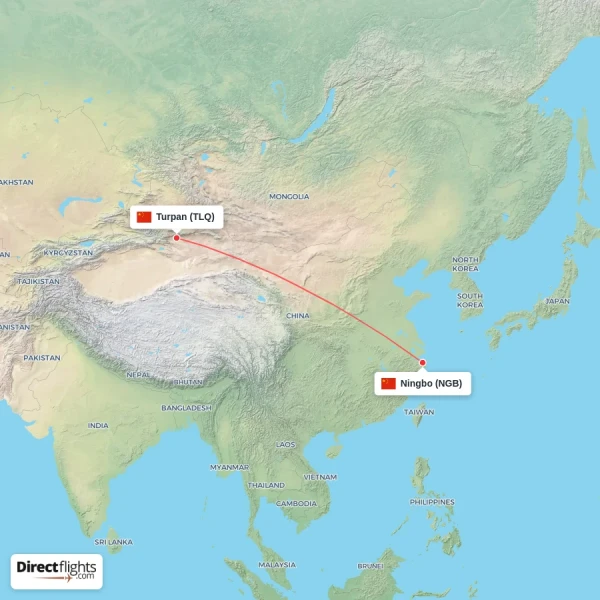 Ningbo - Turpan direct flight map