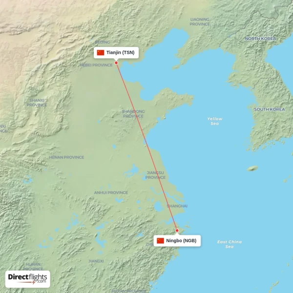 Ningbo - Tianjin direct flight map