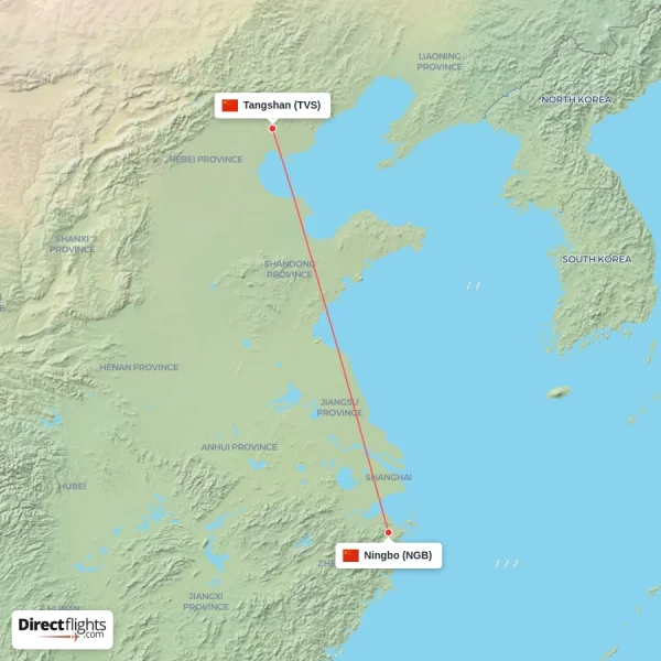 Ningbo - Tangshan direct flight map