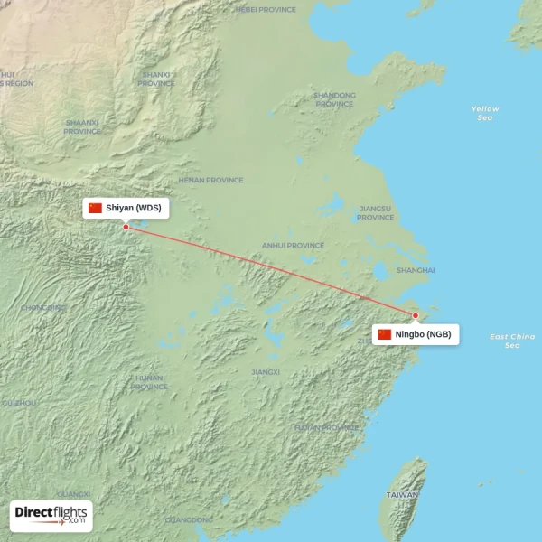 Ningbo - Shiyan direct flight map