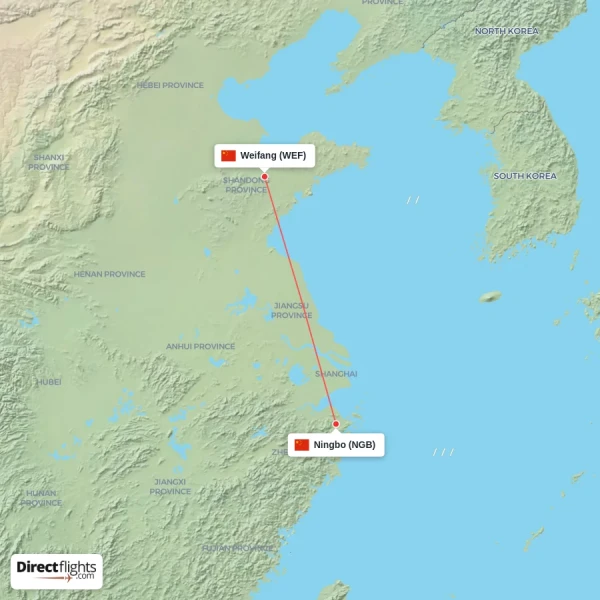 Ningbo - Weifang direct flight map
