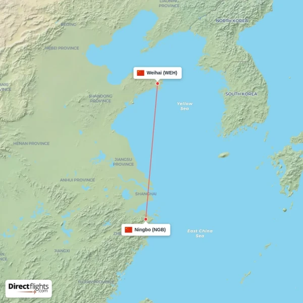 Ningbo - Weihai direct flight map
