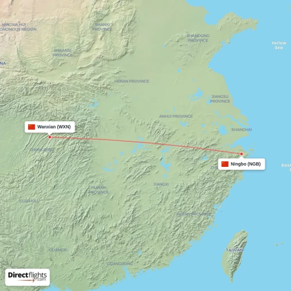 Ningbo - Wanxian direct flight map