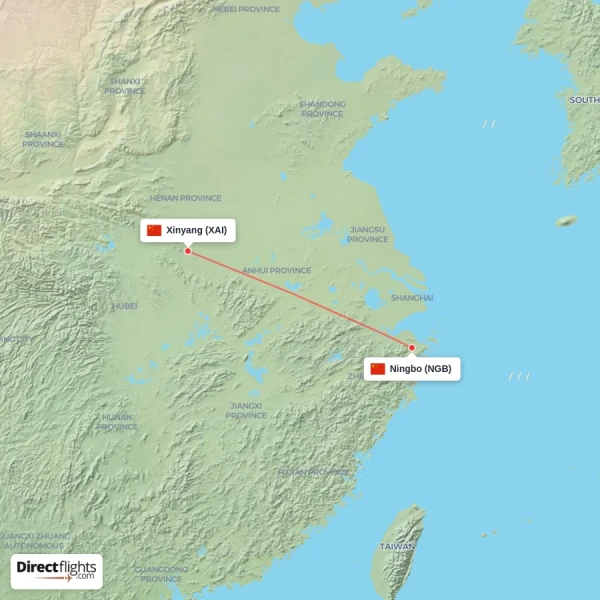 Ningbo - Xinyang direct flight map