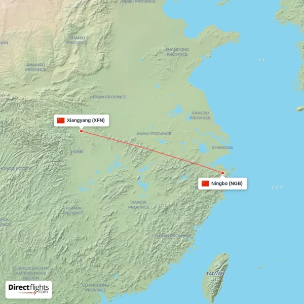 Ningbo - Xiangyang direct flight map