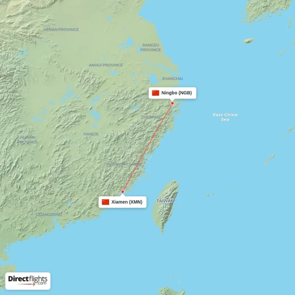 Ningbo - Xiamen direct flight map