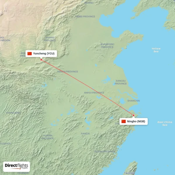 Ningbo - Yuncheng direct flight map
