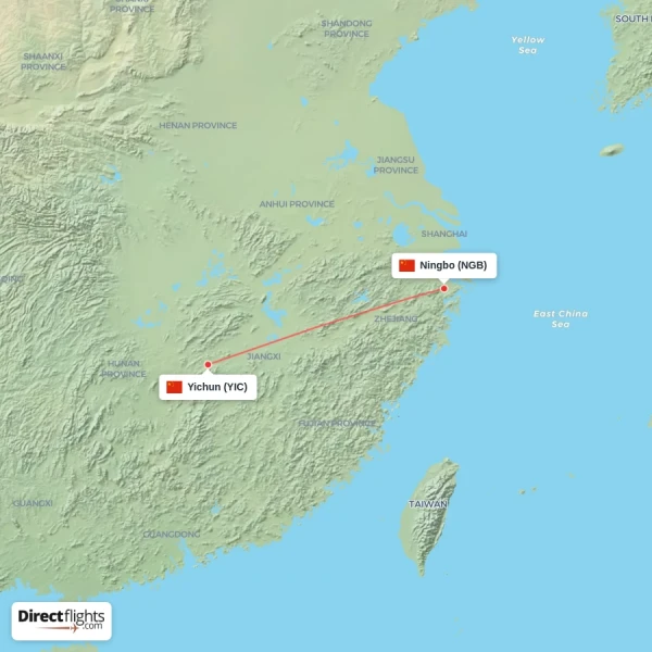 Ningbo - Yichun direct flight map