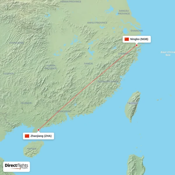 Ningbo - Zhanjiang direct flight map