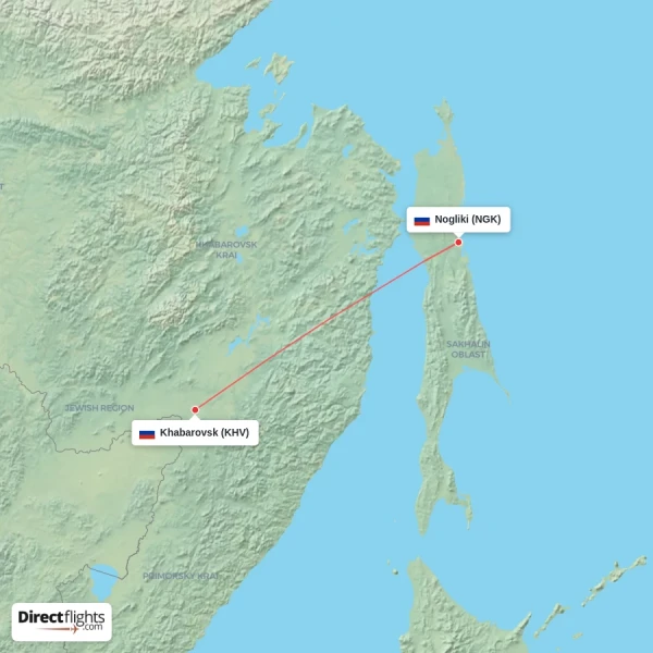 Nogliki - Khabarovsk direct flight map