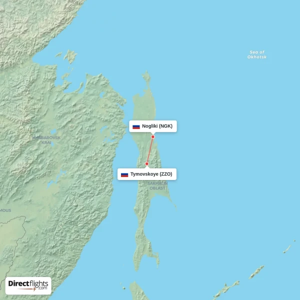 Nogliki - Tymovskoye direct flight map