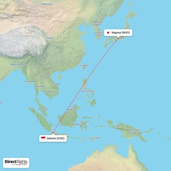 Nagoya - Jakarta direct flight map
