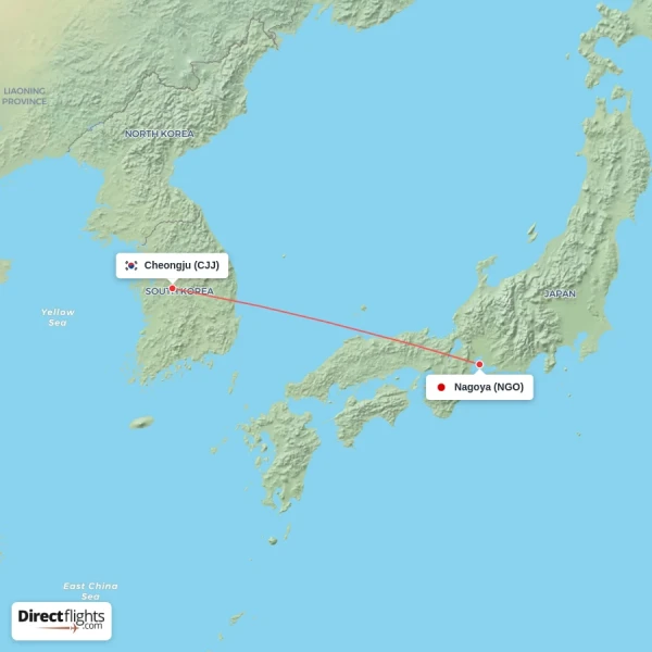 Nagoya - Cheongju direct flight map