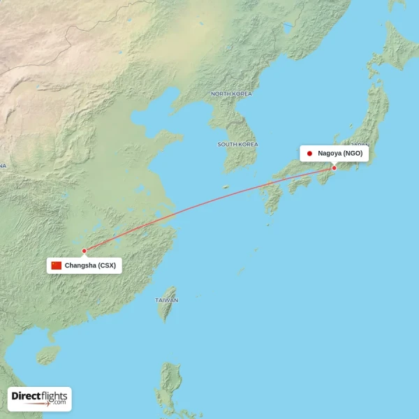 Nagoya - Changsha direct flight map