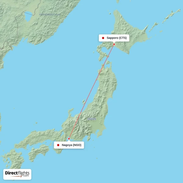 Nagoya - Sapporo direct flight map