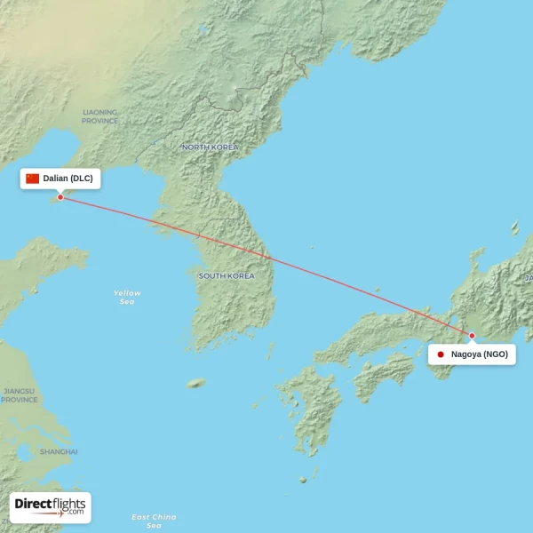 Nagoya - Dalian direct flight map