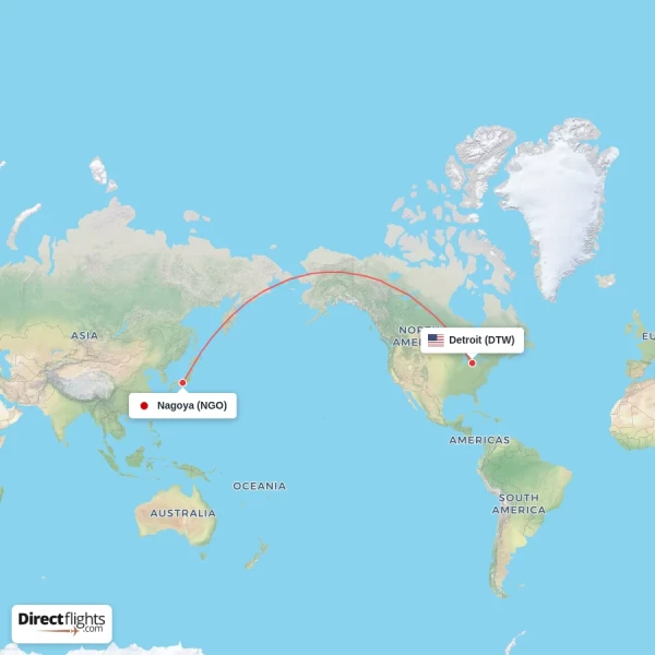 Nagoya - Detroit direct flight map