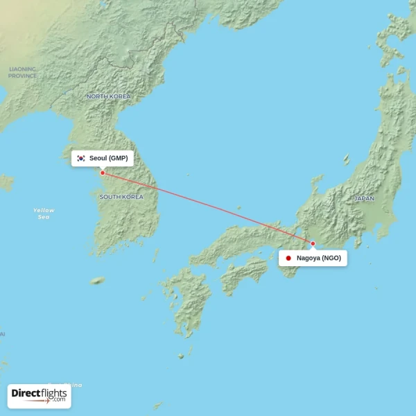 Nagoya - Seoul direct flight map