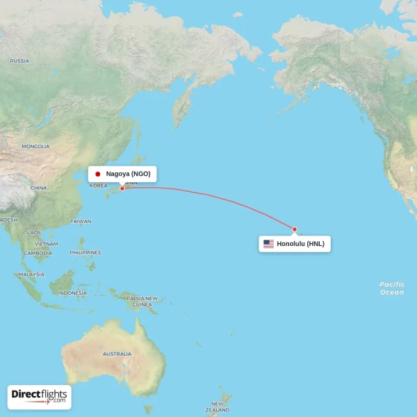 Nagoya - Honolulu direct flight map