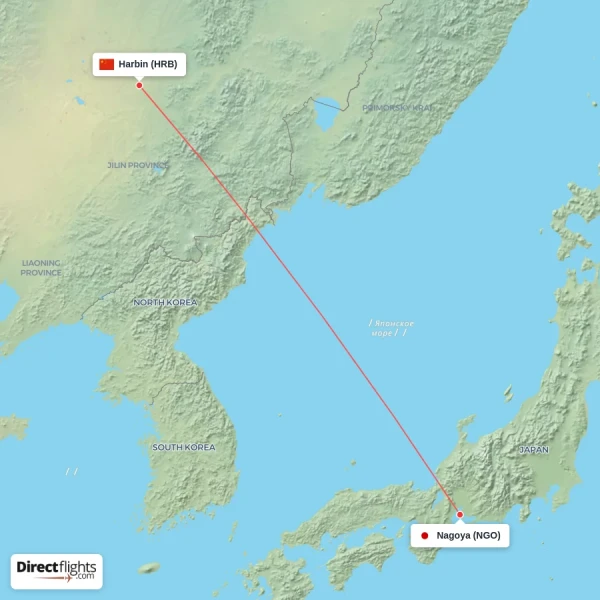 Nagoya - Harbin direct flight map
