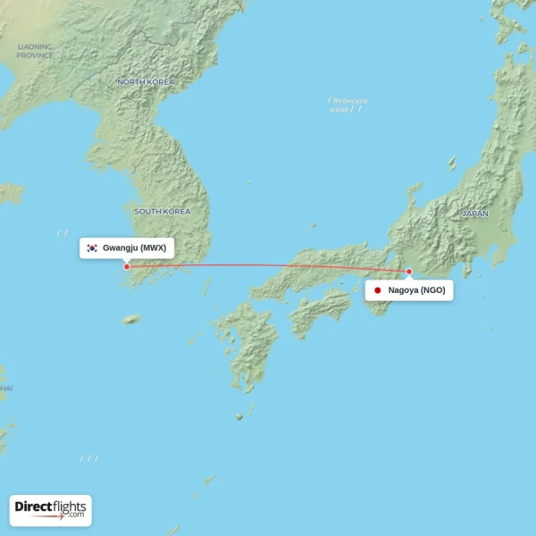 Nagoya - Gwangju direct flight map