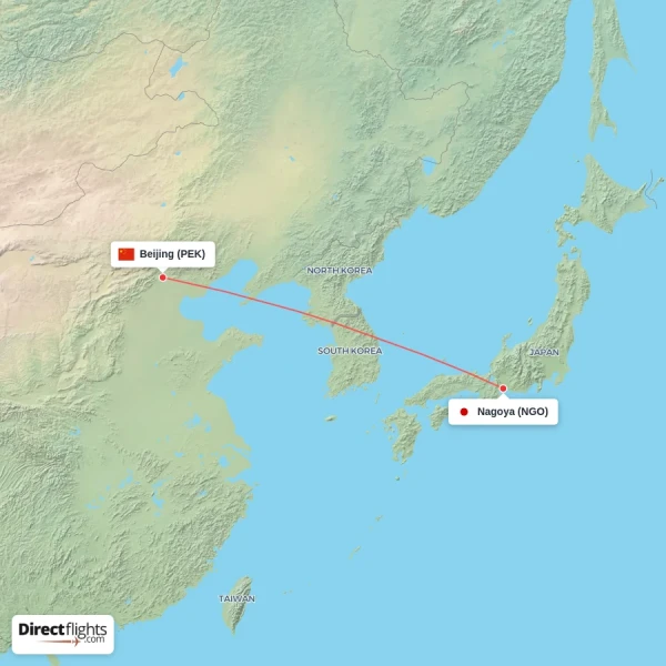 Nagoya - Beijing direct flight map