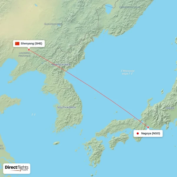 Nagoya - Shenyang direct flight map