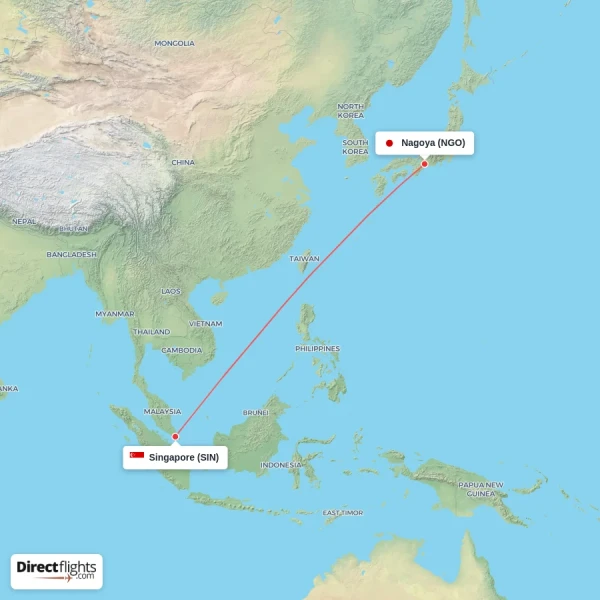 Nagoya - Singapore direct flight map