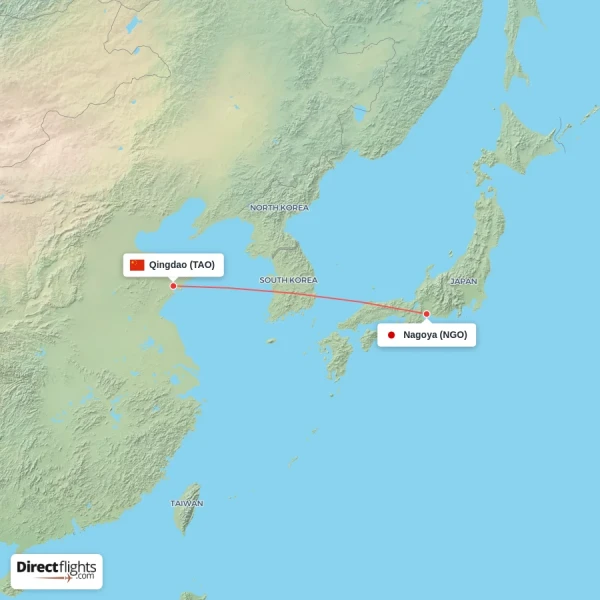 Nagoya - Qingdao direct flight map