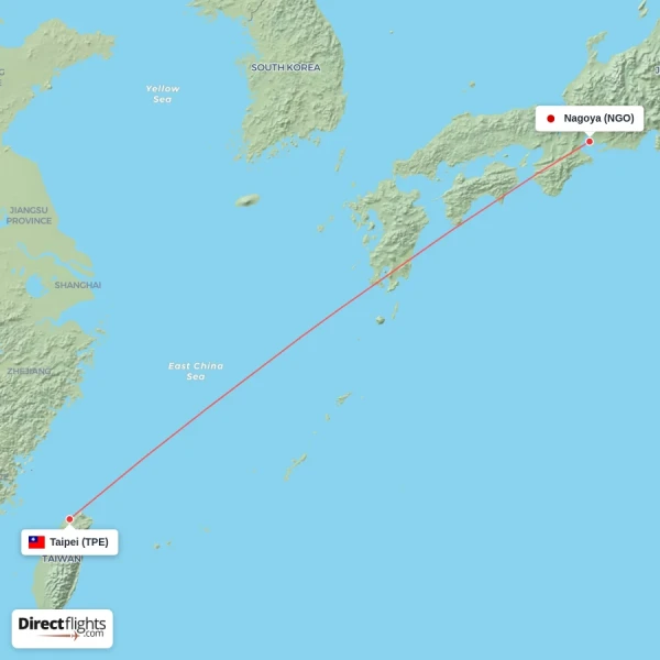 Nagoya - Taipei direct flight map