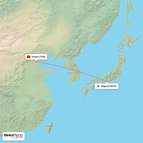 Nagoya - Tianjin direct flight map