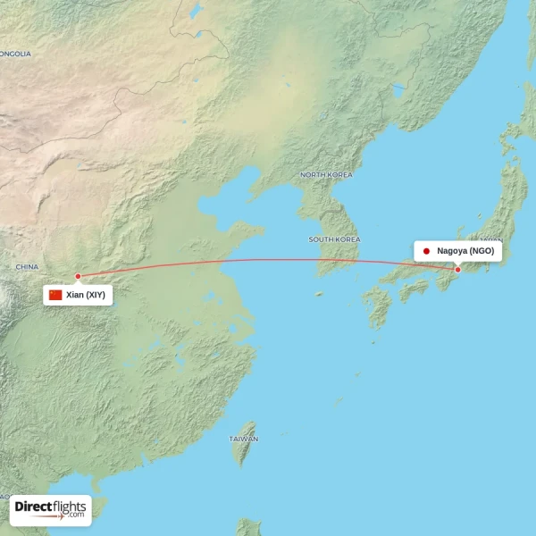 Nagoya - Xian direct flight map