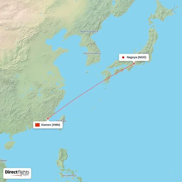 Nagoya - Xiamen direct flight map